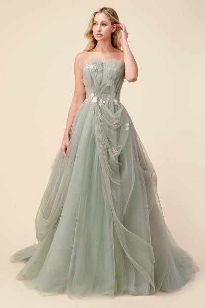 Delicate Sage Pleated Drape Tulle Ball Gown #A1015