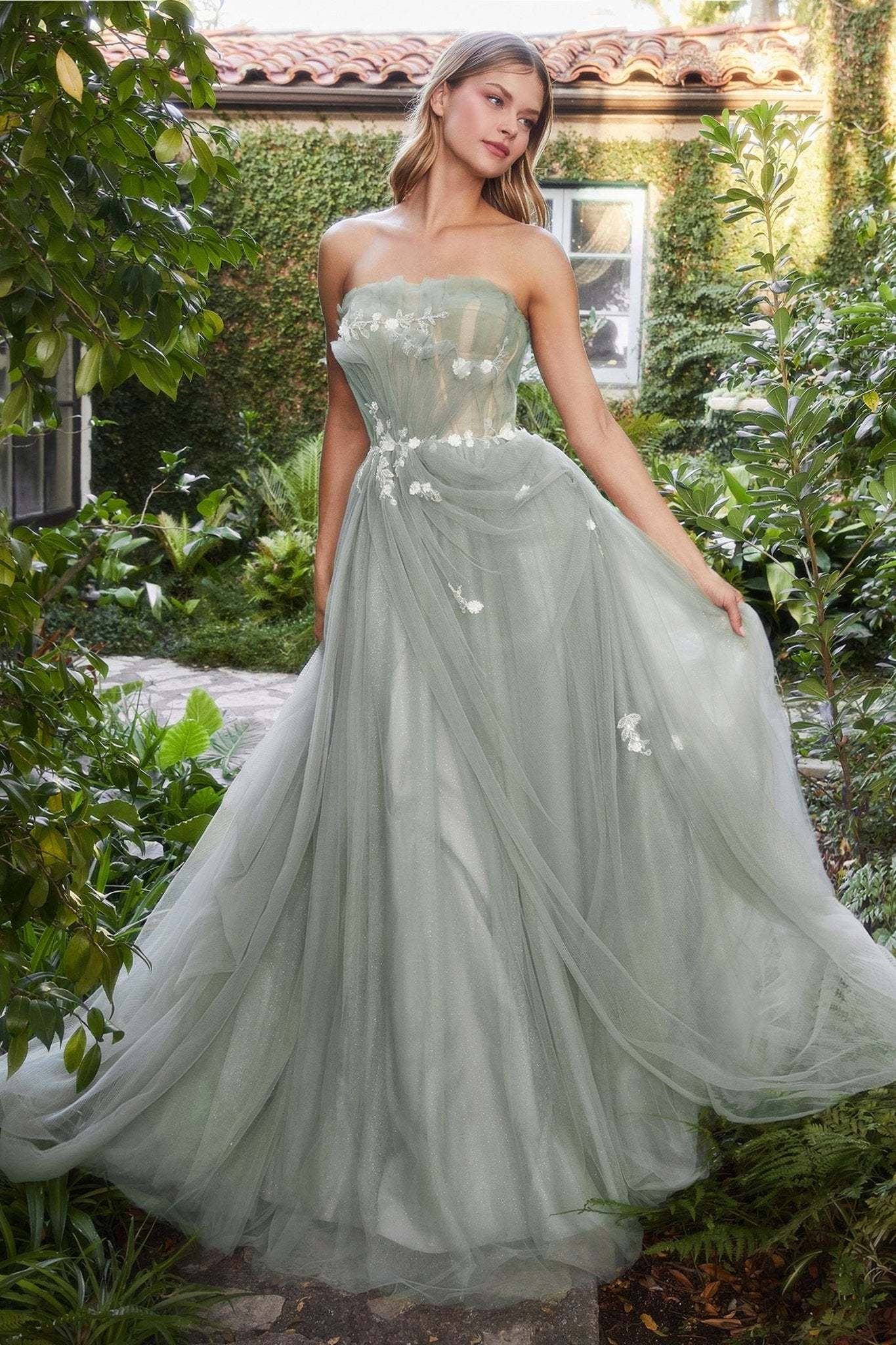 Delicate Sage Pleated Drape Tulle Ball Gown #A1015