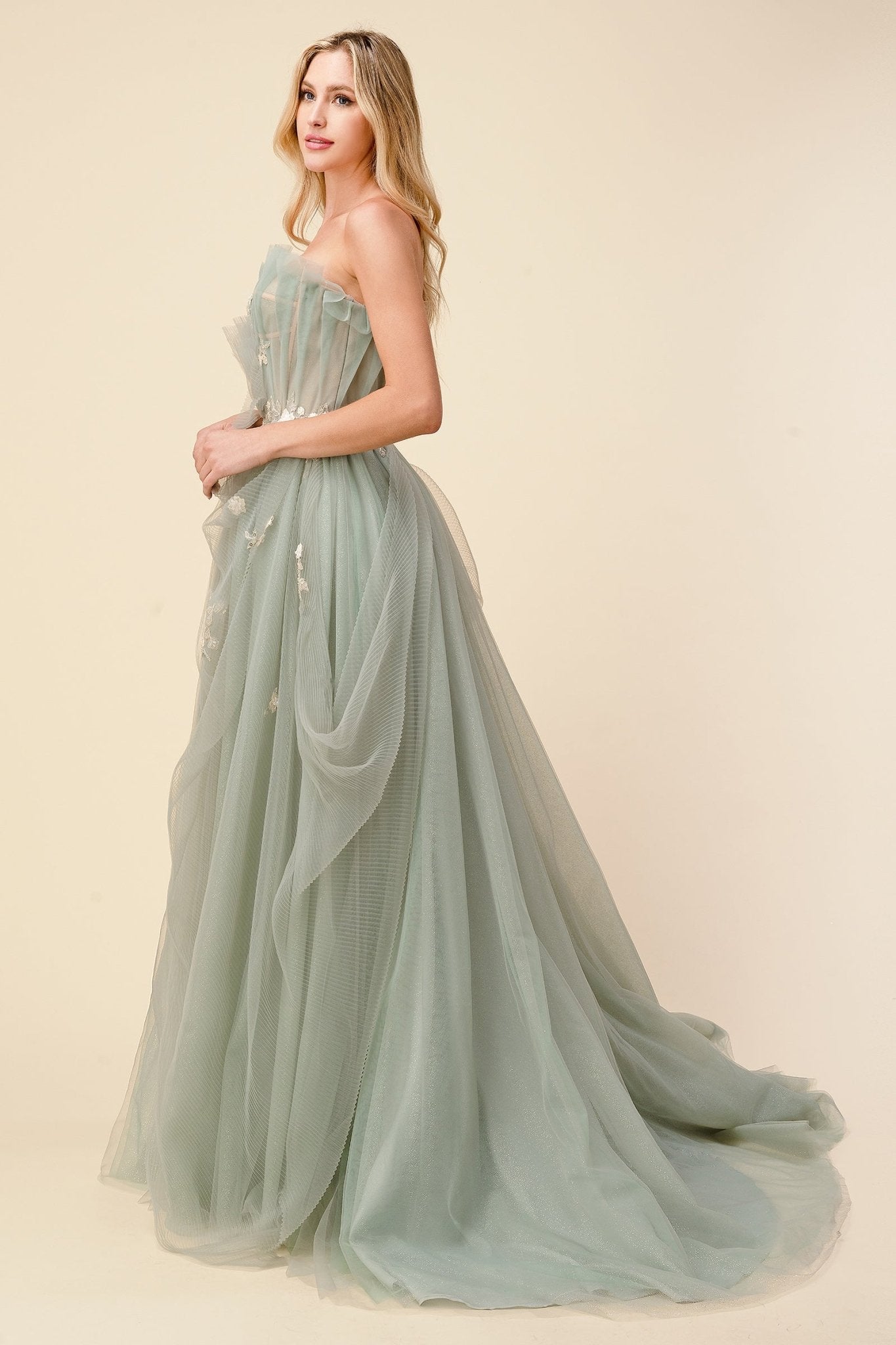 Delicate Sage Pleated Drape Tulle Ball Gown #A1015