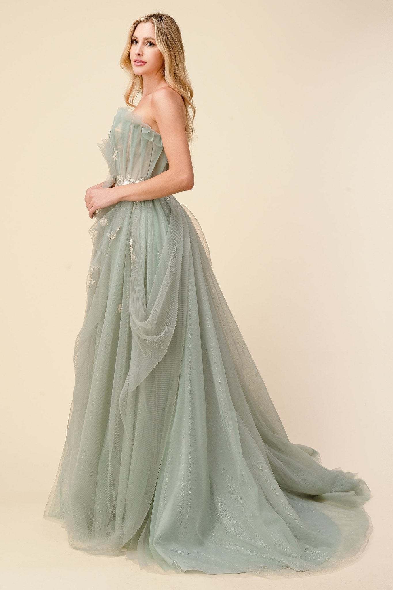 Delicate Sage Pleated Drape Tulle Ball Gown #A1015