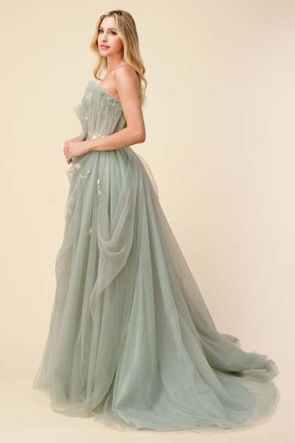 Delicate Sage Pleated Drape Tulle Ball Gown #A1015