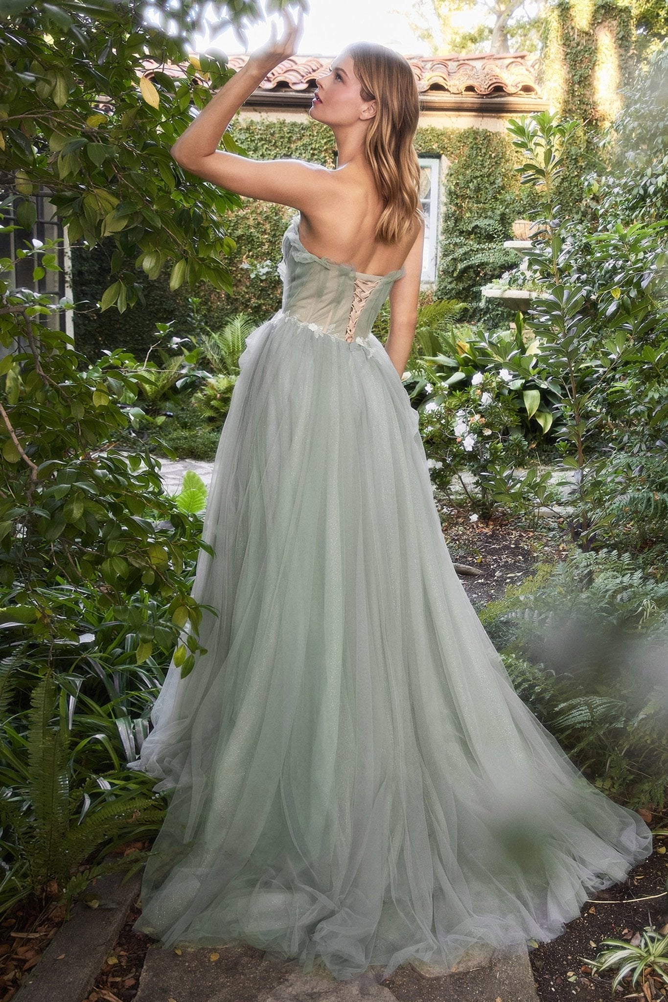 Delicate Sage Pleated Drape Tulle Ball Gown #A1015