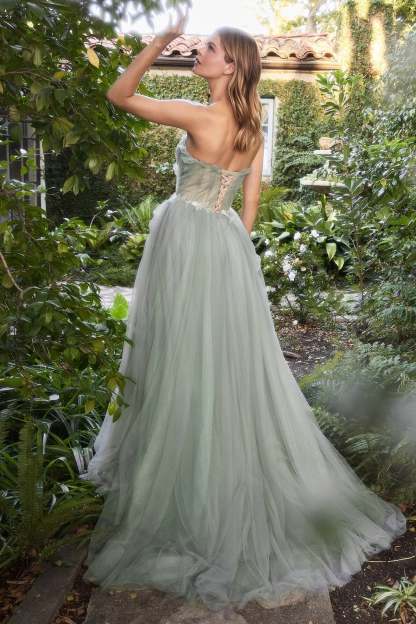 Delicate Sage Pleated Drape Tulle Ball Gown #A1015