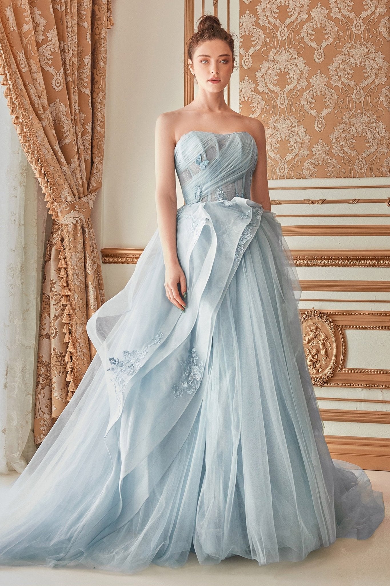 Romantic Strapless Layered Tulle Butterfly Appliques Ball Gown #A1021