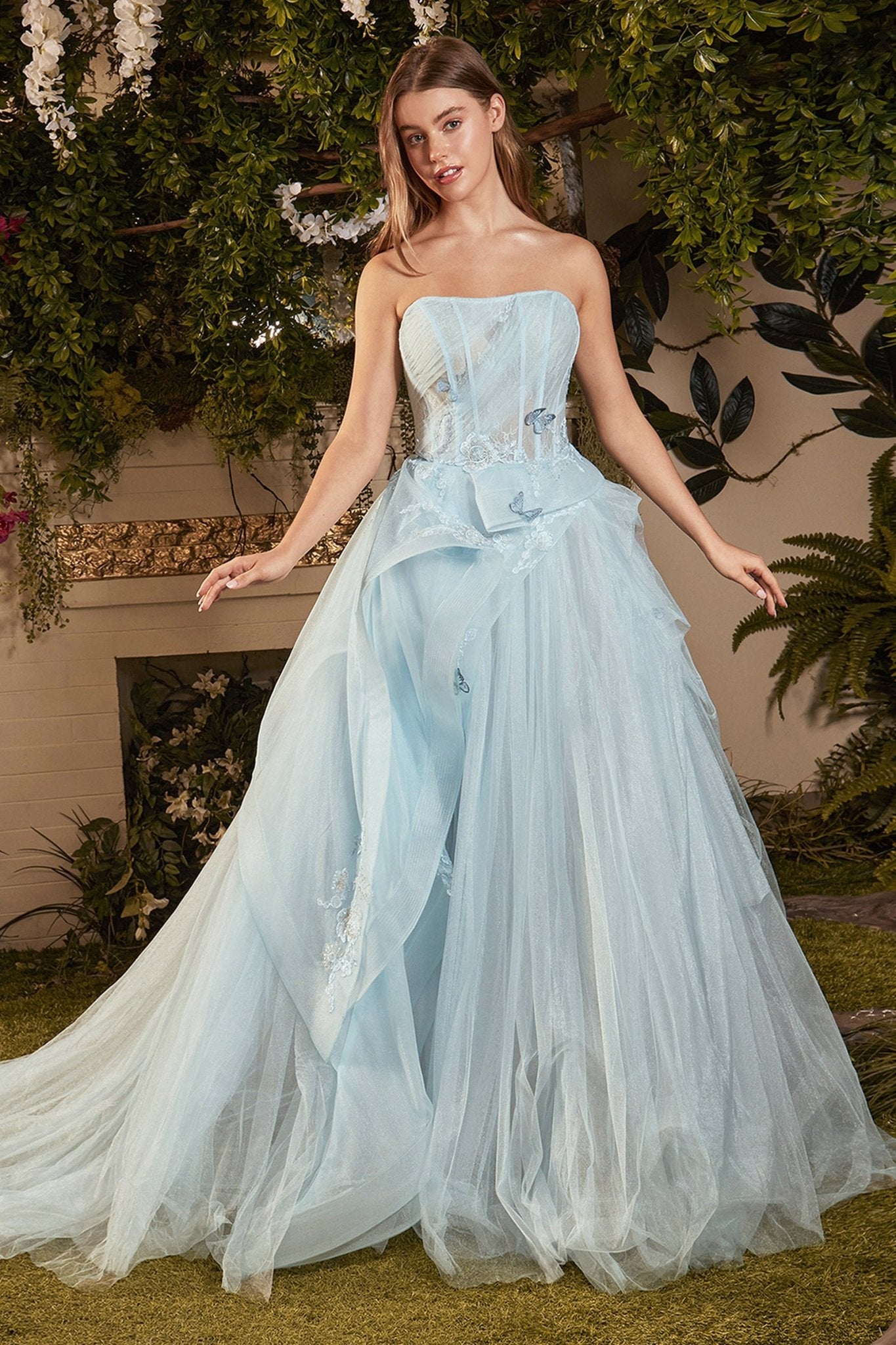 Romantic Strapless Layered Tulle Butterfly Appliques Ball Gown #A1021