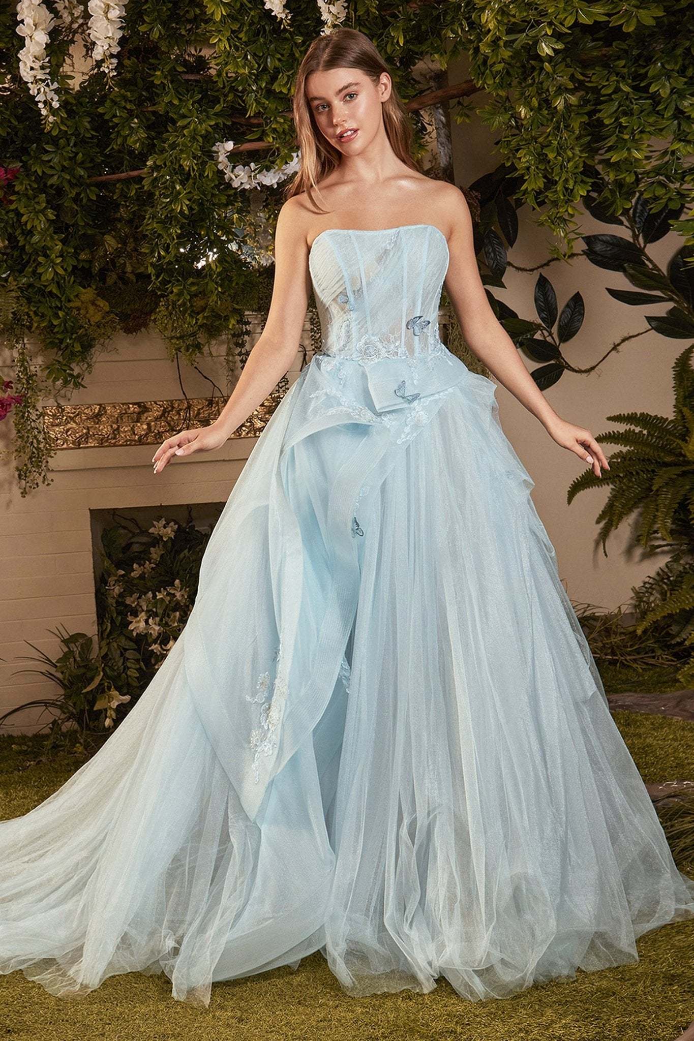 Romantic Strapless Layered Tulle Butterfly Appliques Ball Gown #A1021