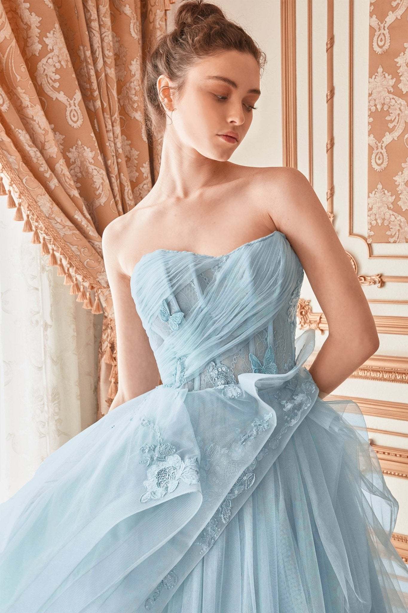 Romantic Strapless Layered Tulle Butterfly Appliques Ball Gown #A1021