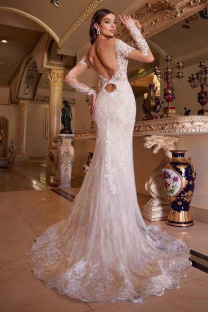 Gorgeous Heart-Shaped Opening Long Sleeve Lace Scalloped Hem Gown #A1022