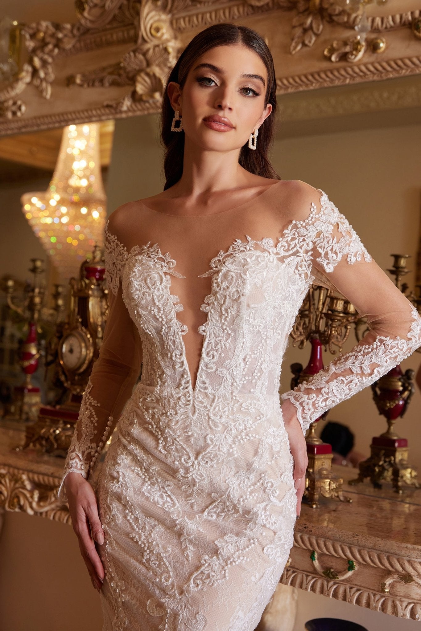 Gorgeous Heart-Shaped Opening Long Sleeve Lace Scalloped Hem Gown #A1022