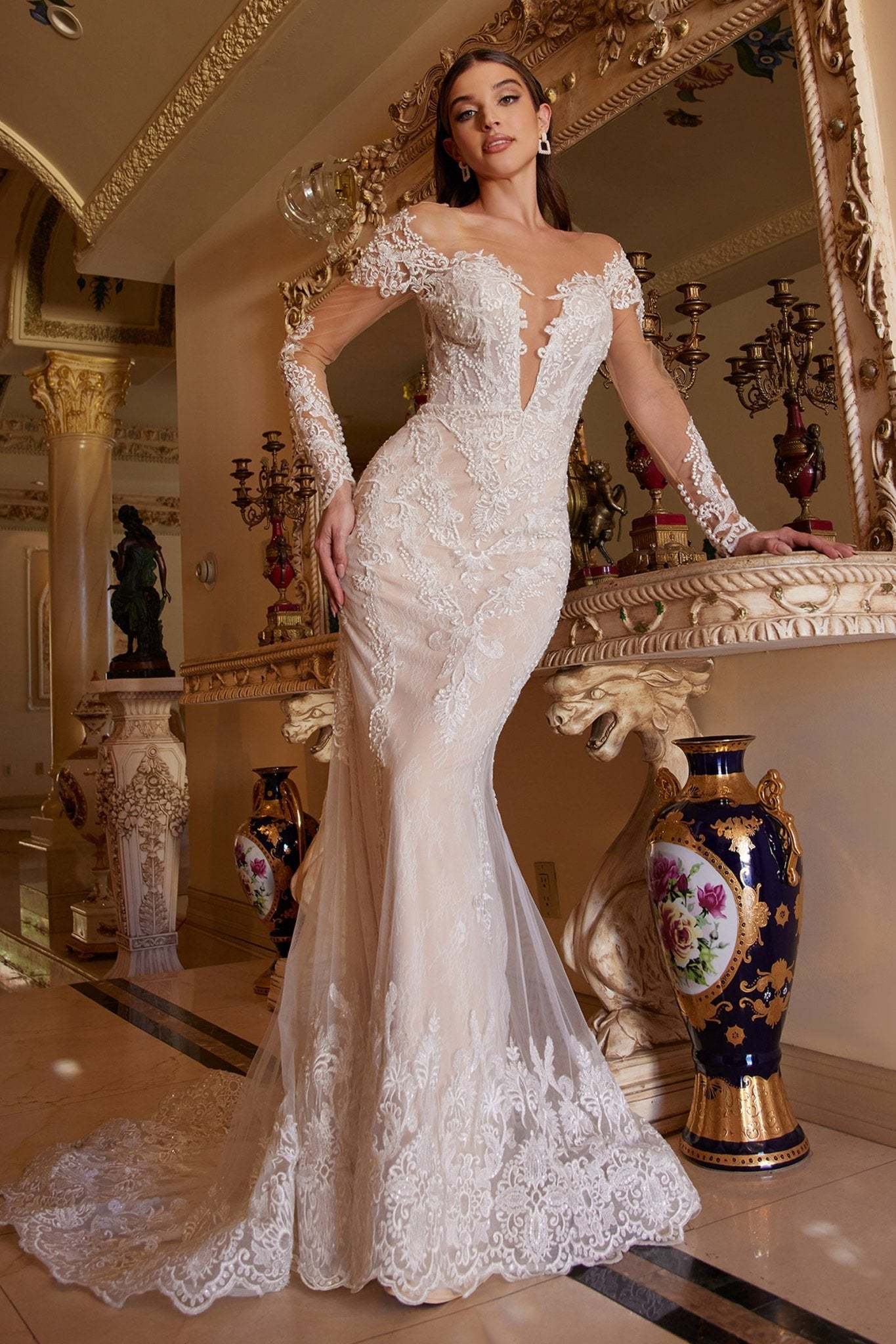 Gorgeous Heart-Shaped Opening Long Sleeve Lace Scalloped Hem Gown #A1022
