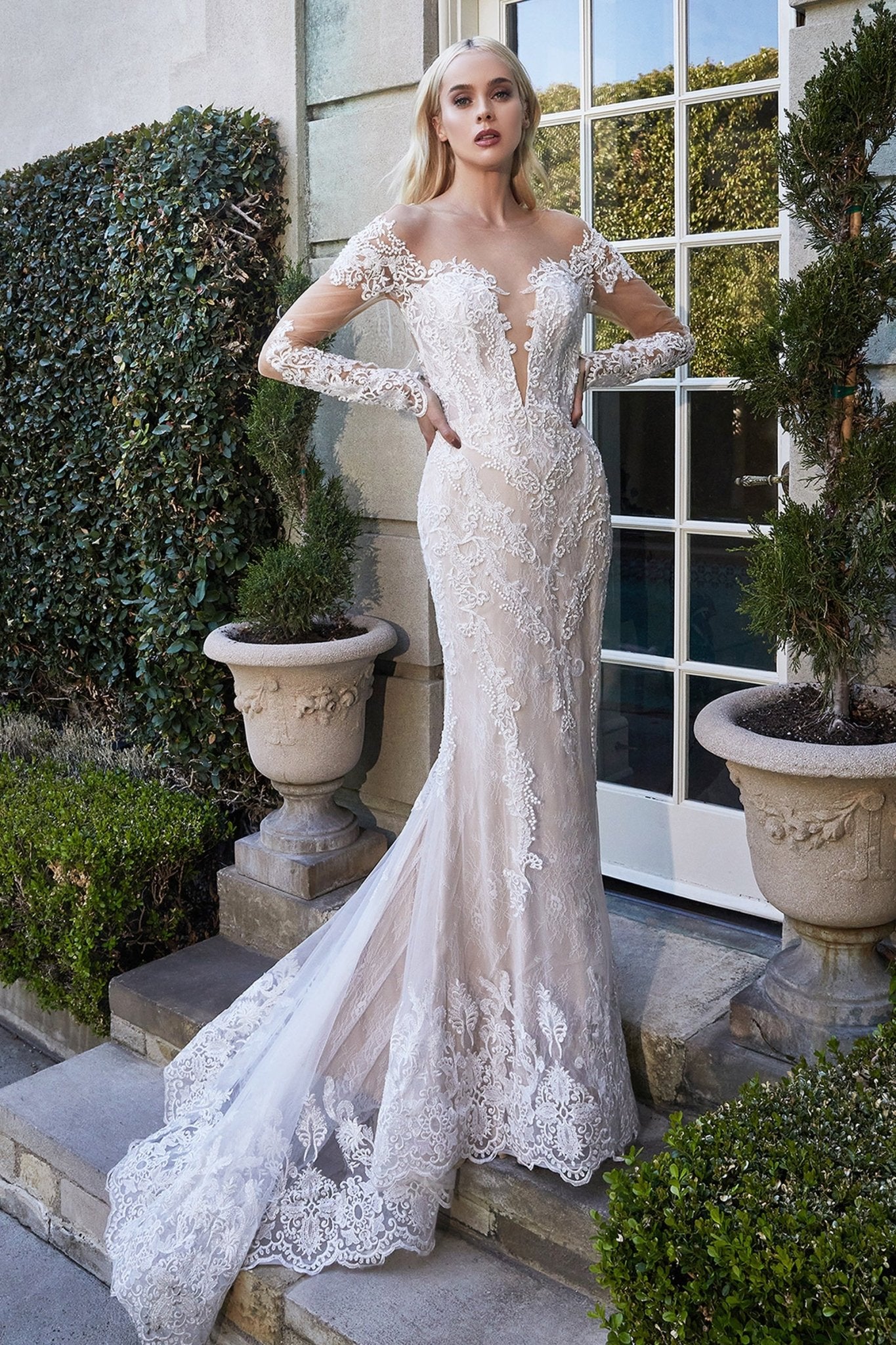 Gorgeous Heart-Shaped Opening Long Sleeve Lace Scalloped Hem Gown #A1022