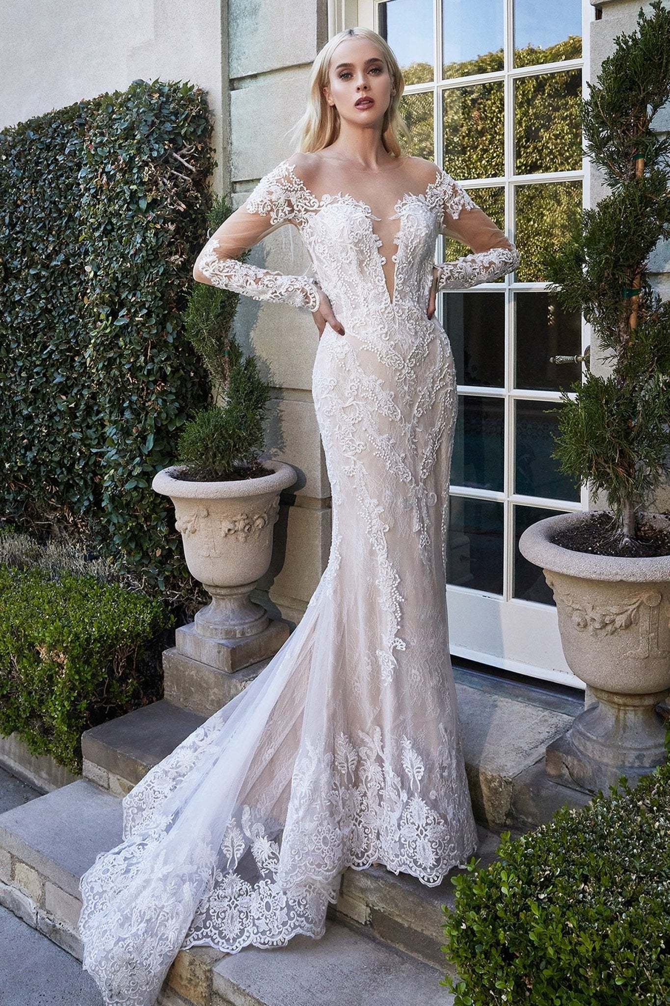 Gorgeous Heart-Shaped Opening Long Sleeve Lace Scalloped Hem Gown #A1022