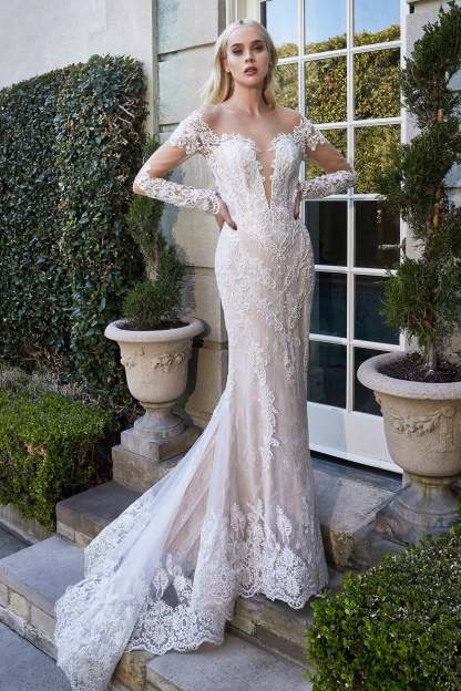 Gorgeous Heart-Shaped Opening Long Sleeve Lace Scalloped Hem Gown #A1022