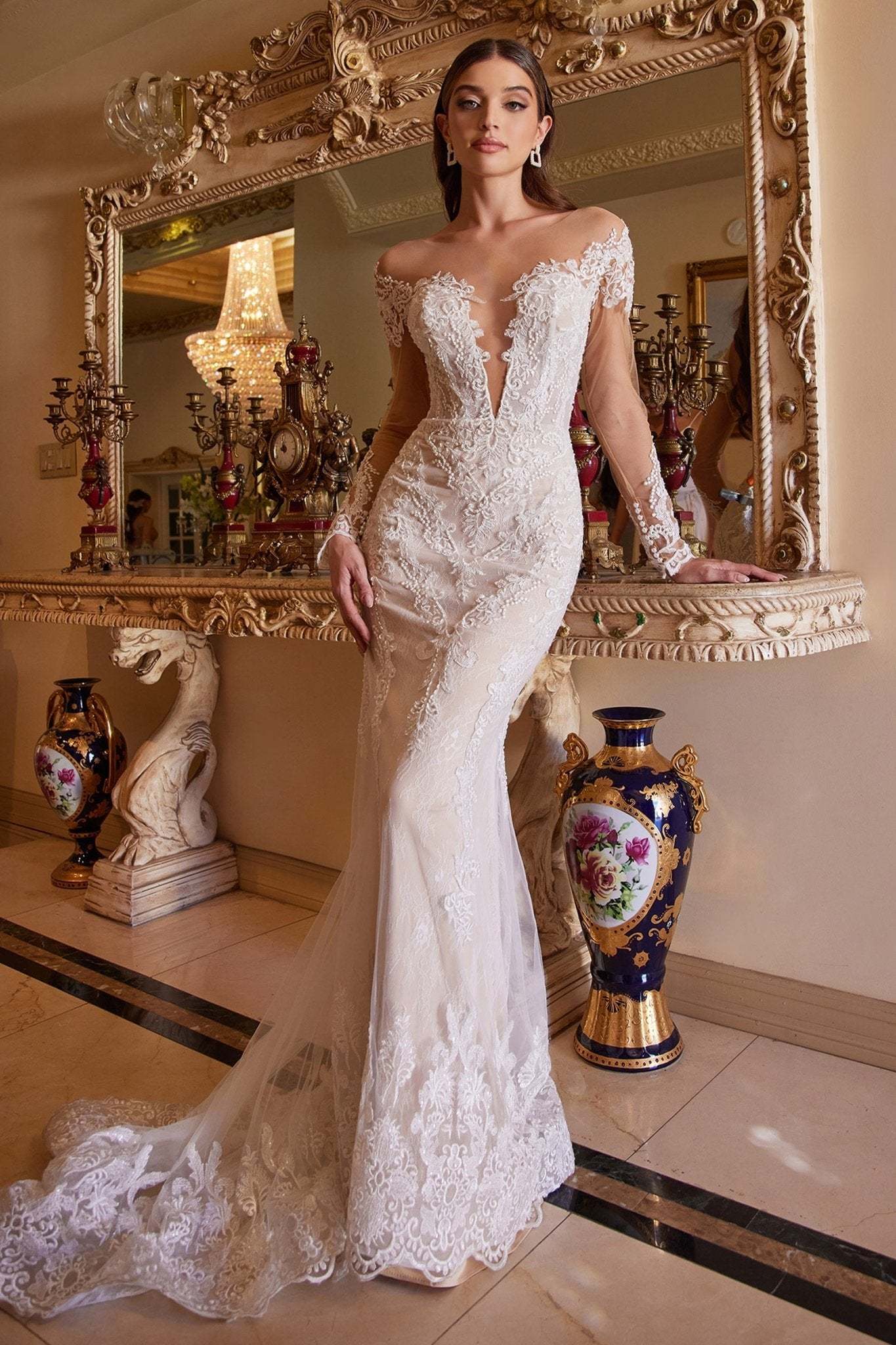 Gorgeous Heart-Shaped Opening Long Sleeve Lace Scalloped Hem Gown #A1022