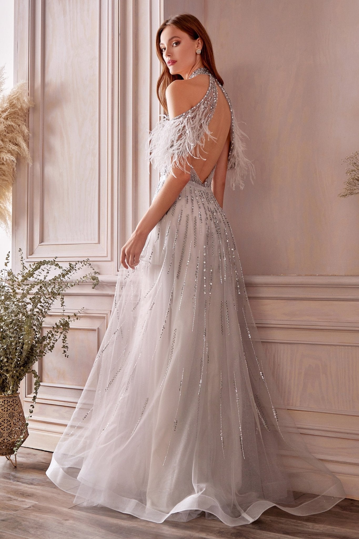 Anastasia Halter Off Shoulder Tulle Feather Drape Beaded Ball Gown #A1023