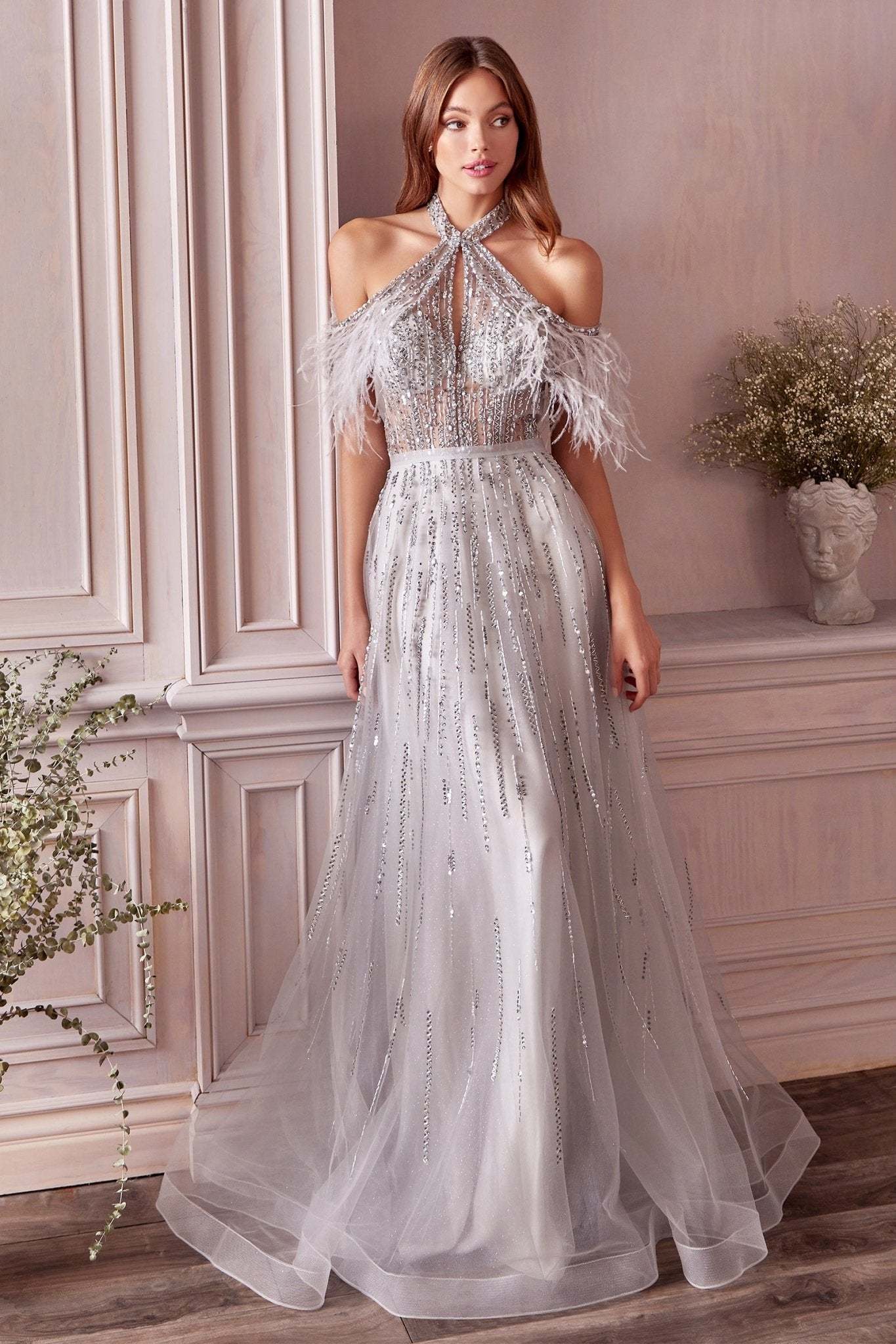 Anastasia Halter Off Shoulder Tulle Feather Drape Beaded Ball Gown #A1023