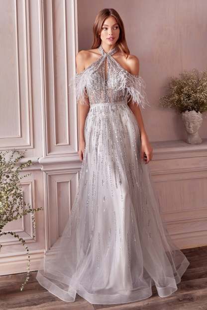Anastasia Halter Off Shoulder Tulle Feather Drape Beaded Ball Gown #A1023