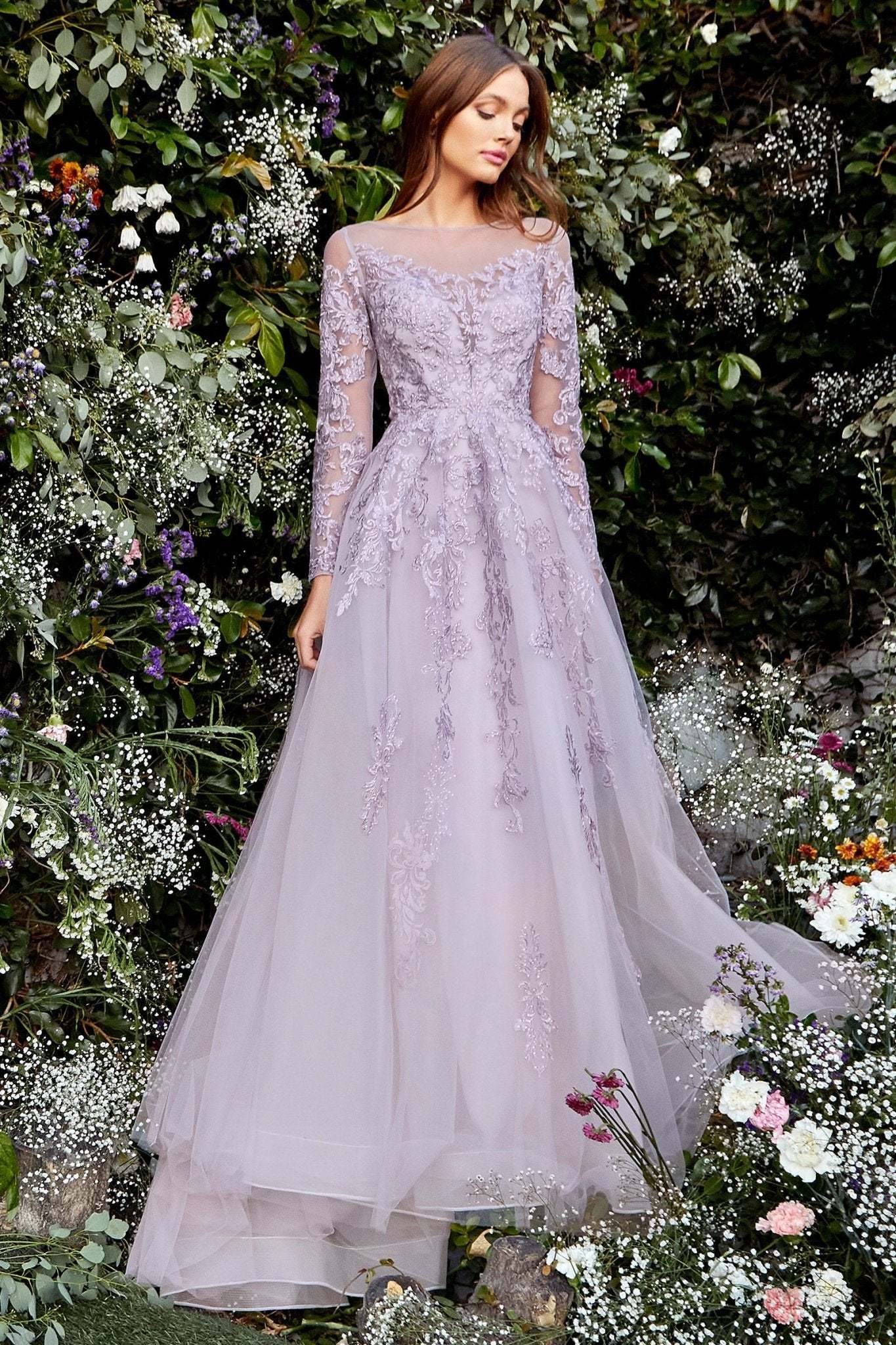 Diana Long Sleeves Violet Embroidery Crystals Lace Ball Gown #A1024