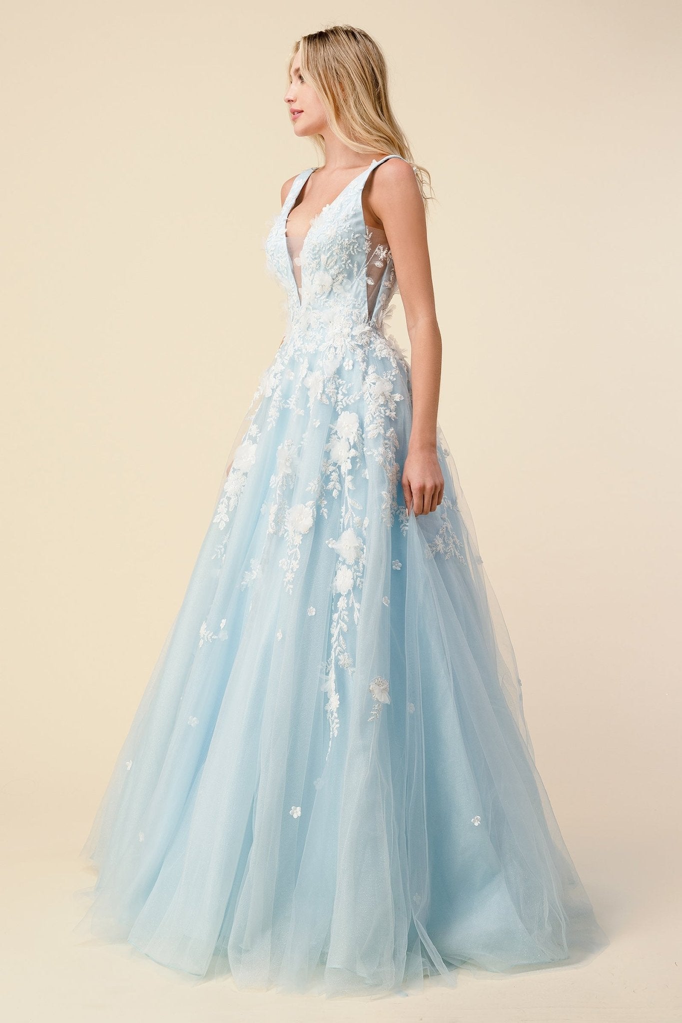 A-Line V-Neck Layered Tulle Floral Diamond Glitter Motif Ball Gown #A1028