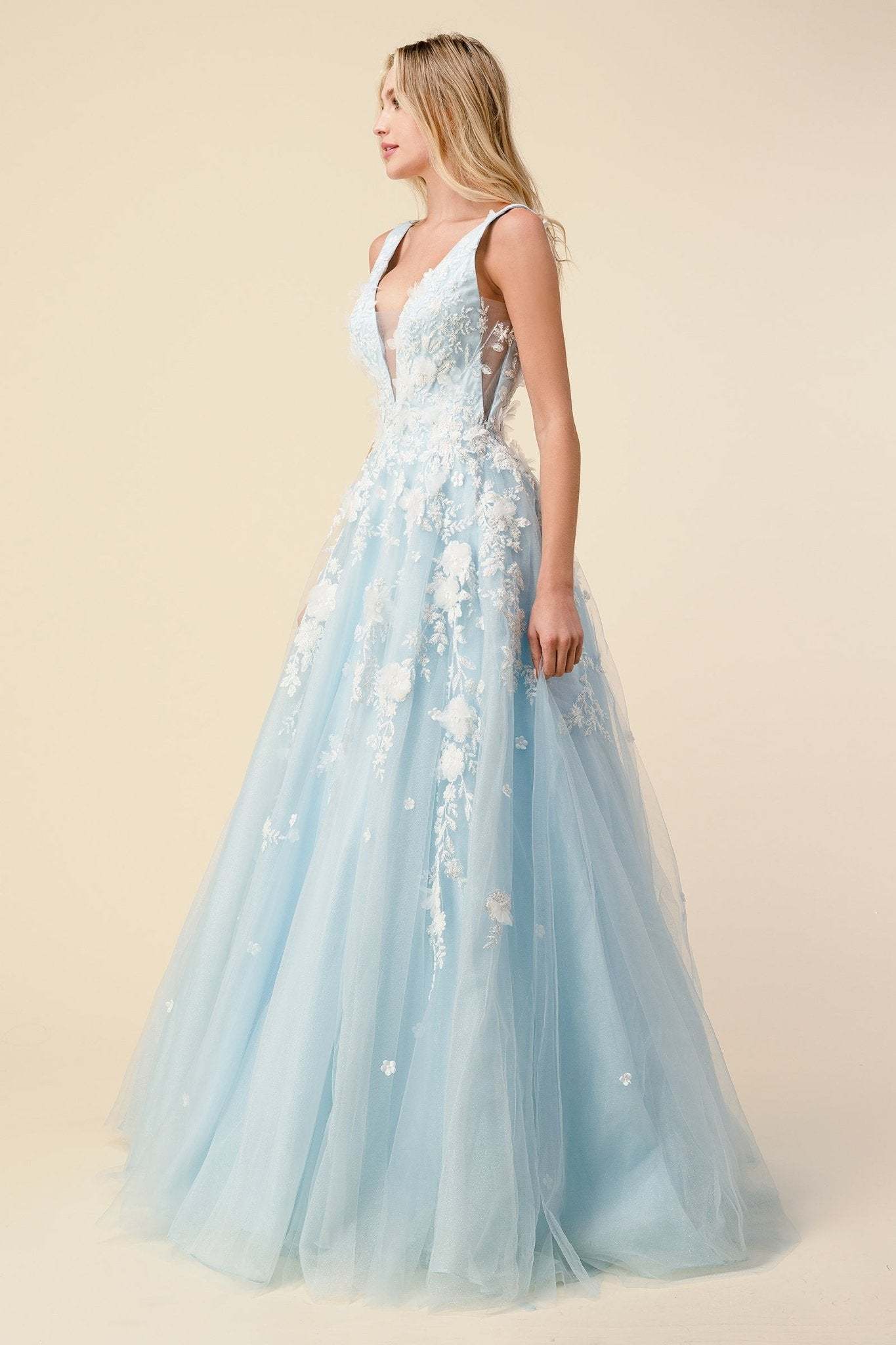 A-Line V-Neck Layered Tulle Floral Diamond Glitter Motif Ball Gown #A1028