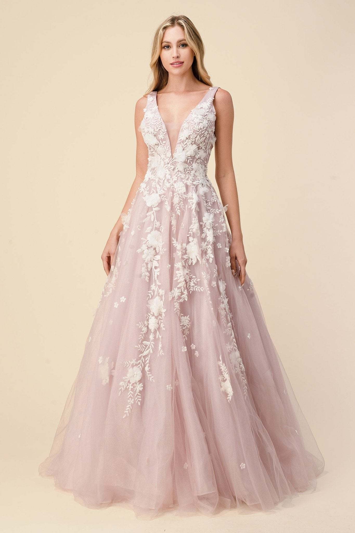 A-Line V-Neck Layered Tulle Floral Diamond Glitter Motif Ball Gown #A1028