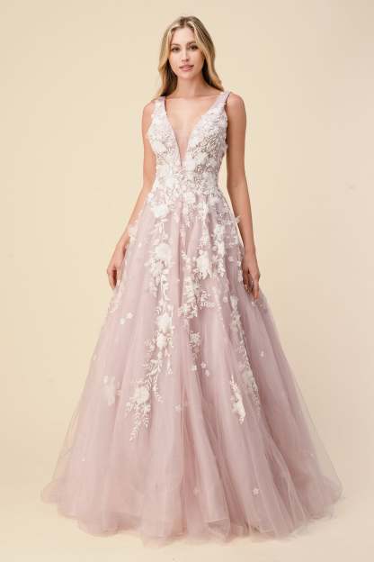 A-Line V-Neck Layered Tulle Floral Diamond Glitter Motif Ball Gown #A1028