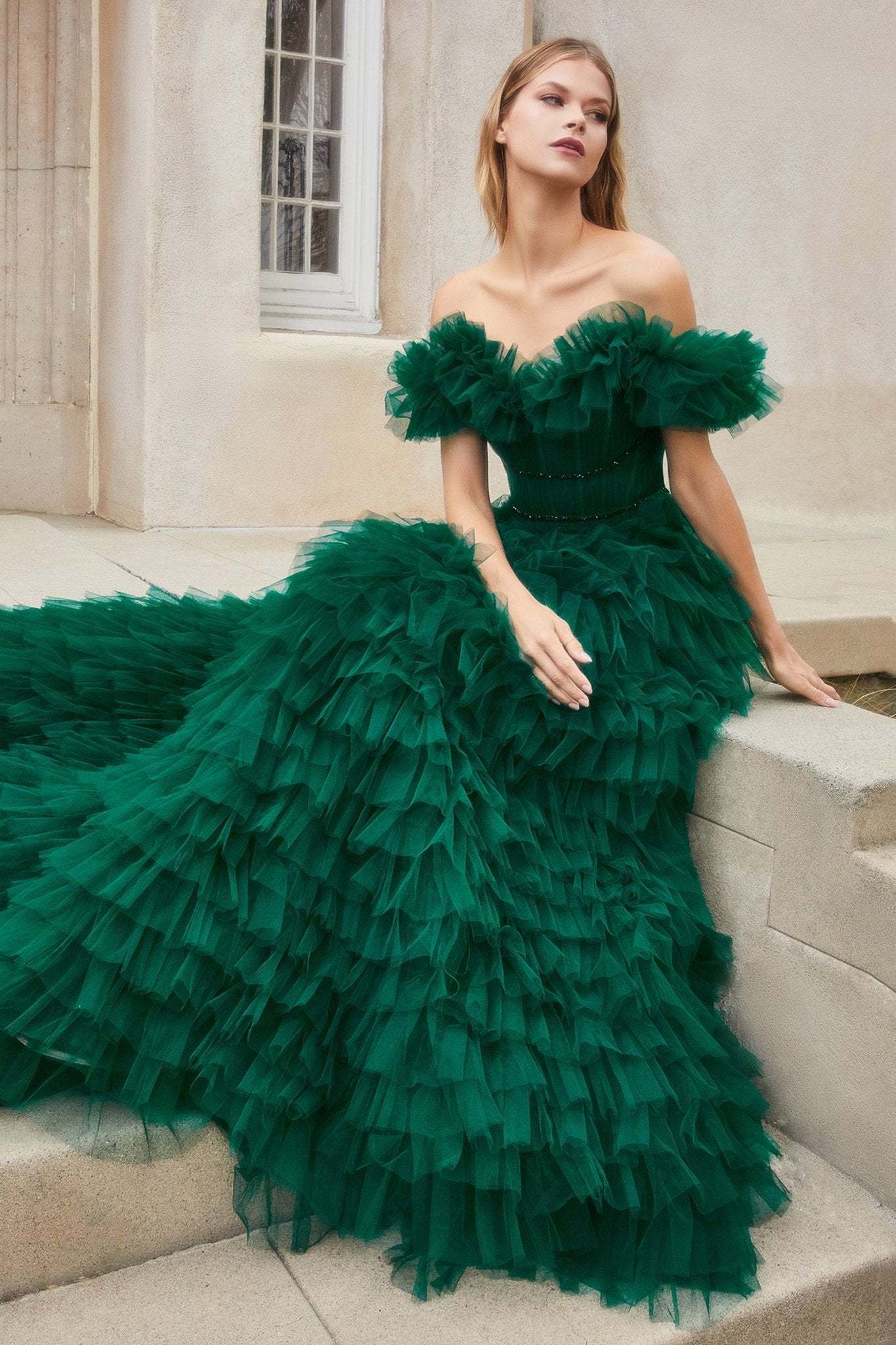 A-Line Off Shoulder Ruffles Pleated Couture Tulle Gown #A1032