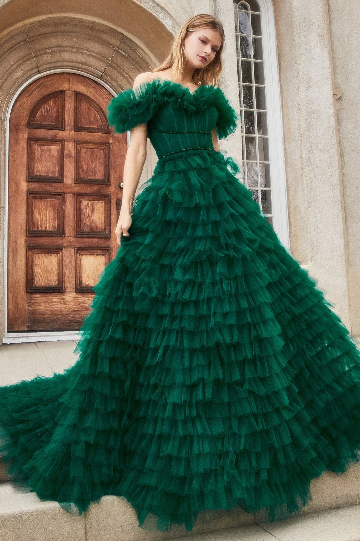 A-Line Off Shoulder Ruffles Pleated Couture Tulle Gown #A1032