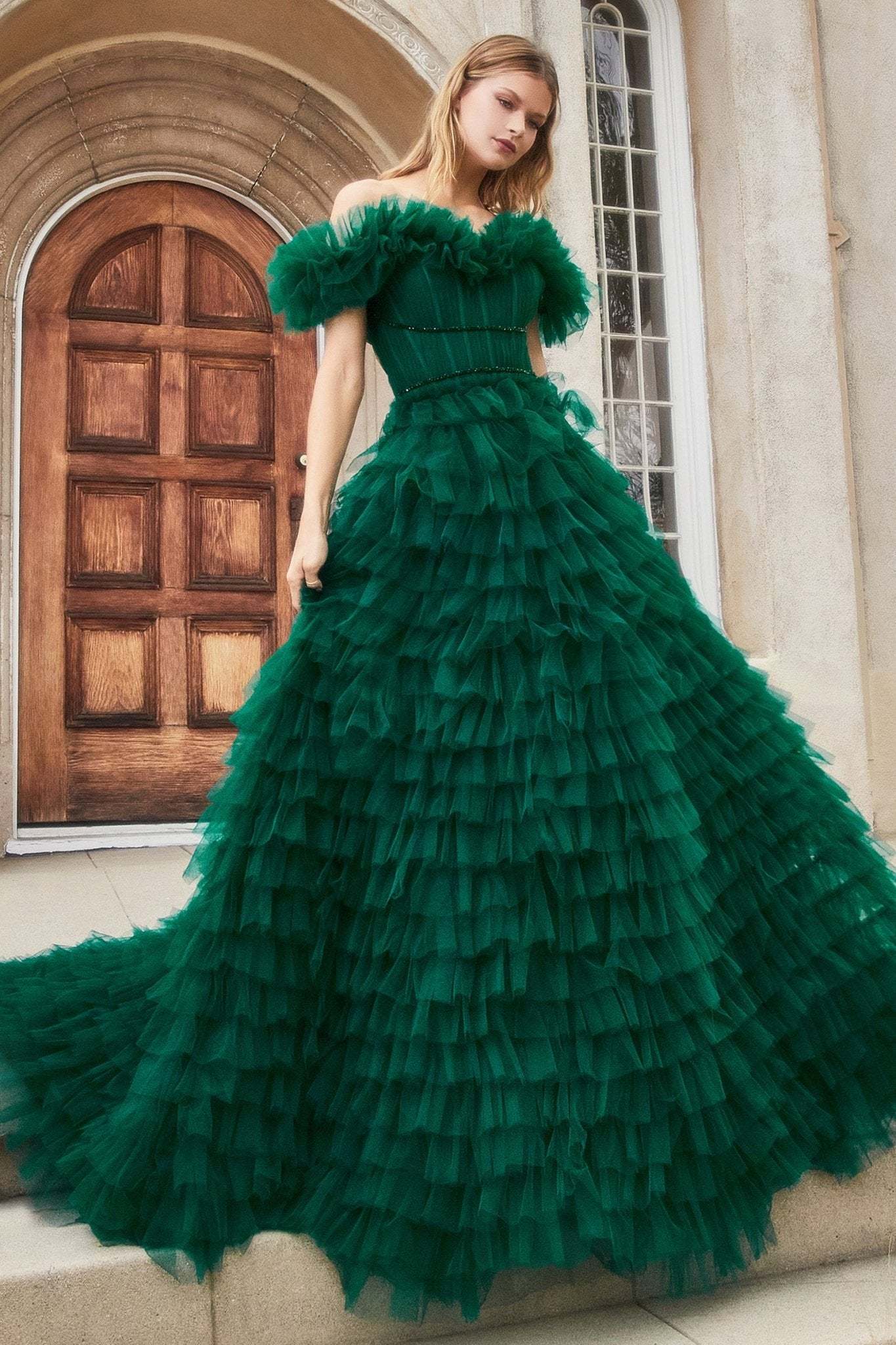 A-Line Off Shoulder Ruffles Pleated Couture Tulle Gown #A1032