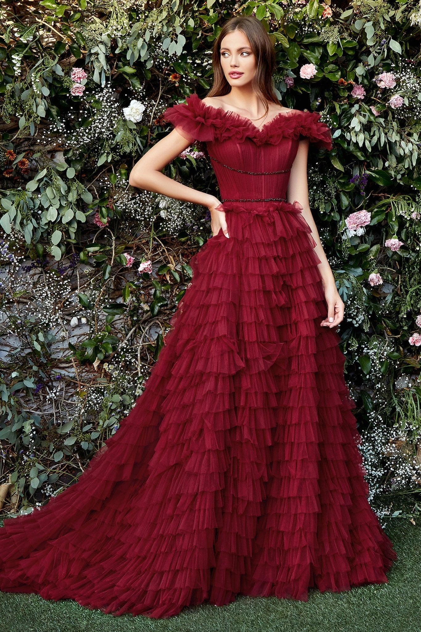 A-Line Off Shoulder Ruffles Pleated Couture Tulle Gown #A1032