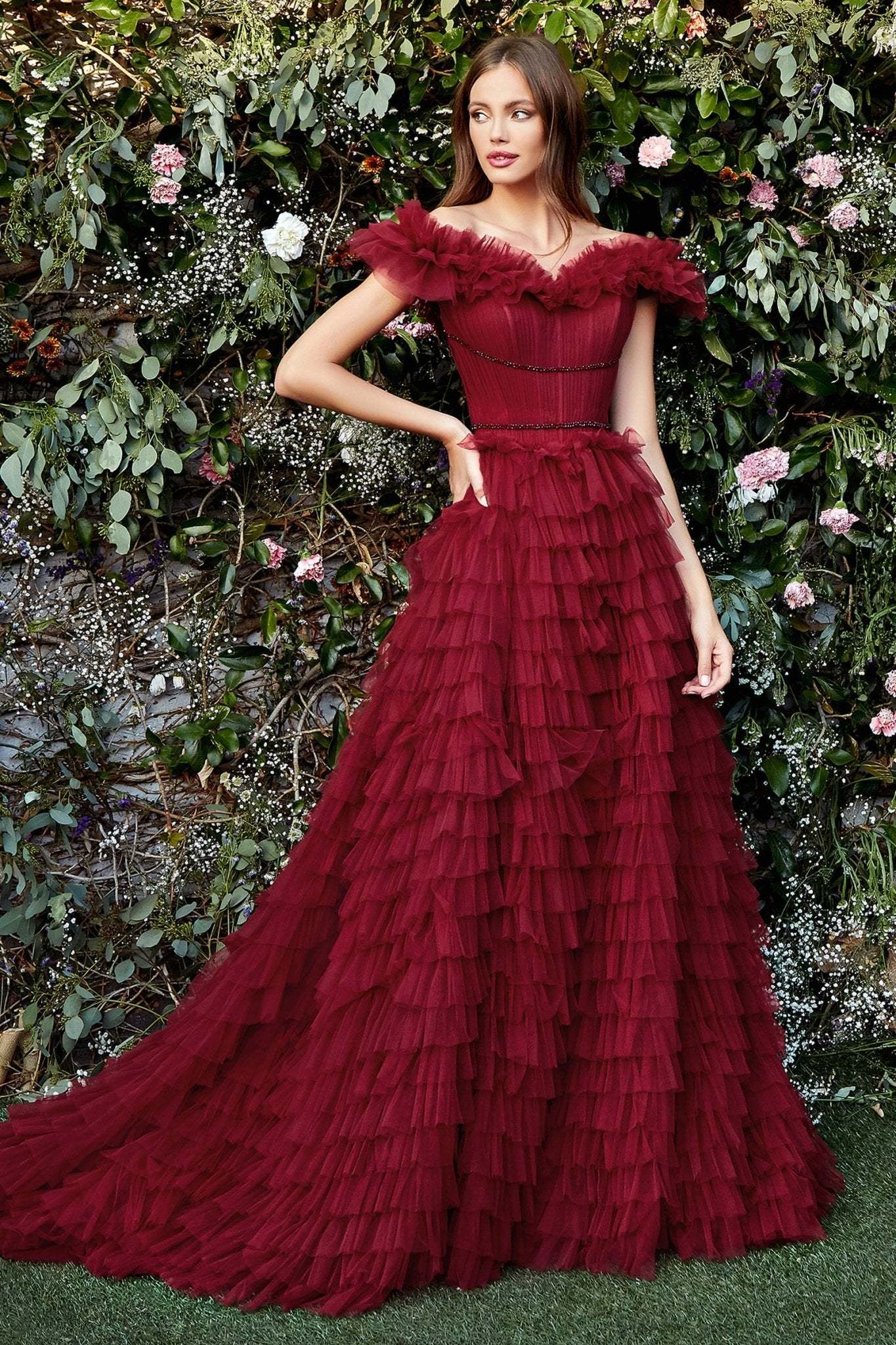 A-Line Off Shoulder Ruffles Pleated Couture Tulle Gown #A1032