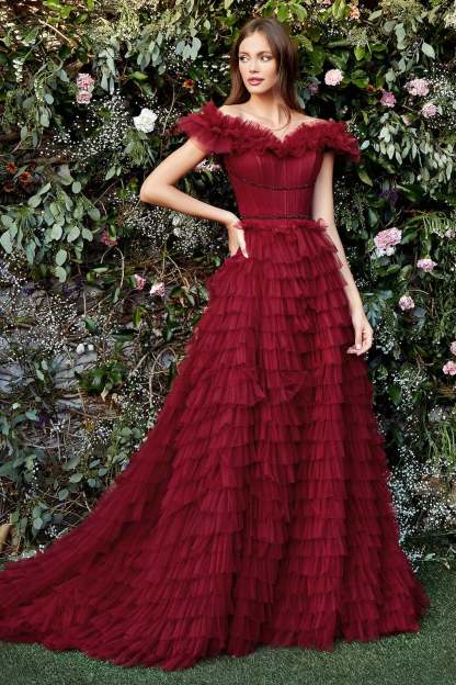 A-Line Off Shoulder Ruffles Pleated Couture Tulle Gown #A1032