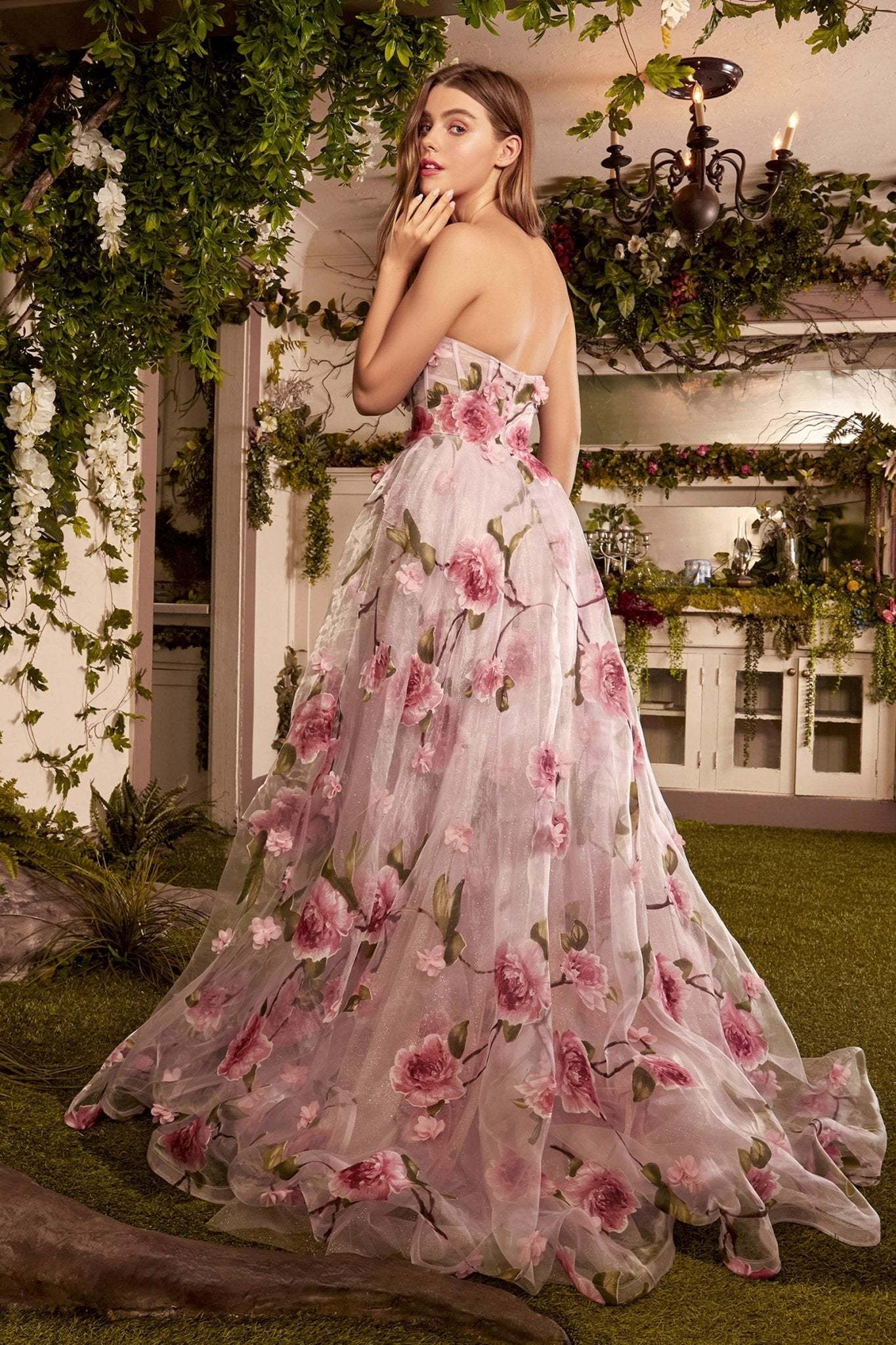 A-Line Portrait Of A Rose Printed Organza Floral Appliques Gown #A1035