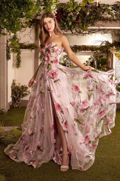 A-Line Portrait Of A Rose Printed Organza Floral Appliques Gown #A1035