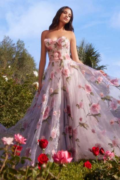 A-Line Portrait Of A Rose Printed Organza Floral Appliques Gown #A1035