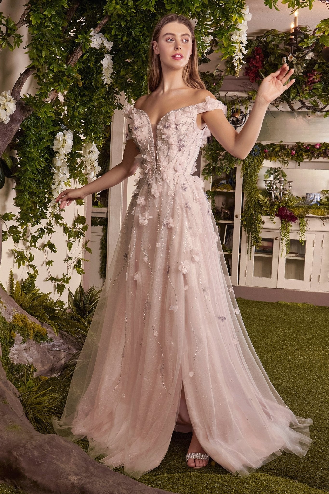 A-Line Plunging V-Neck Off-The-Shoulder Blossom Applique Gown #A1041