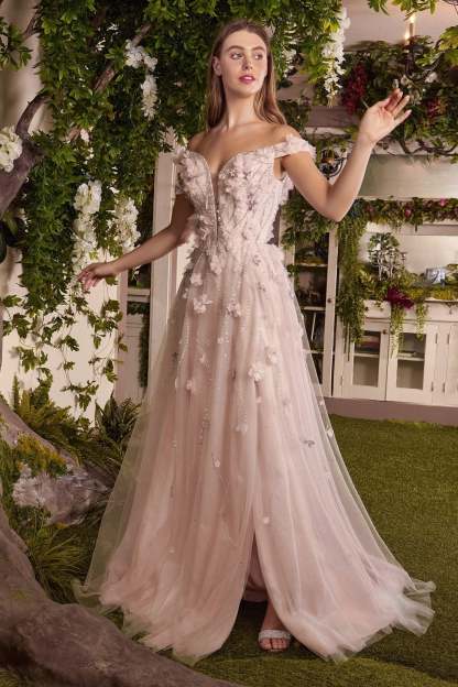 A-Line Plunging V-Neck Off-The-Shoulder Blossom Applique Gown #A1041