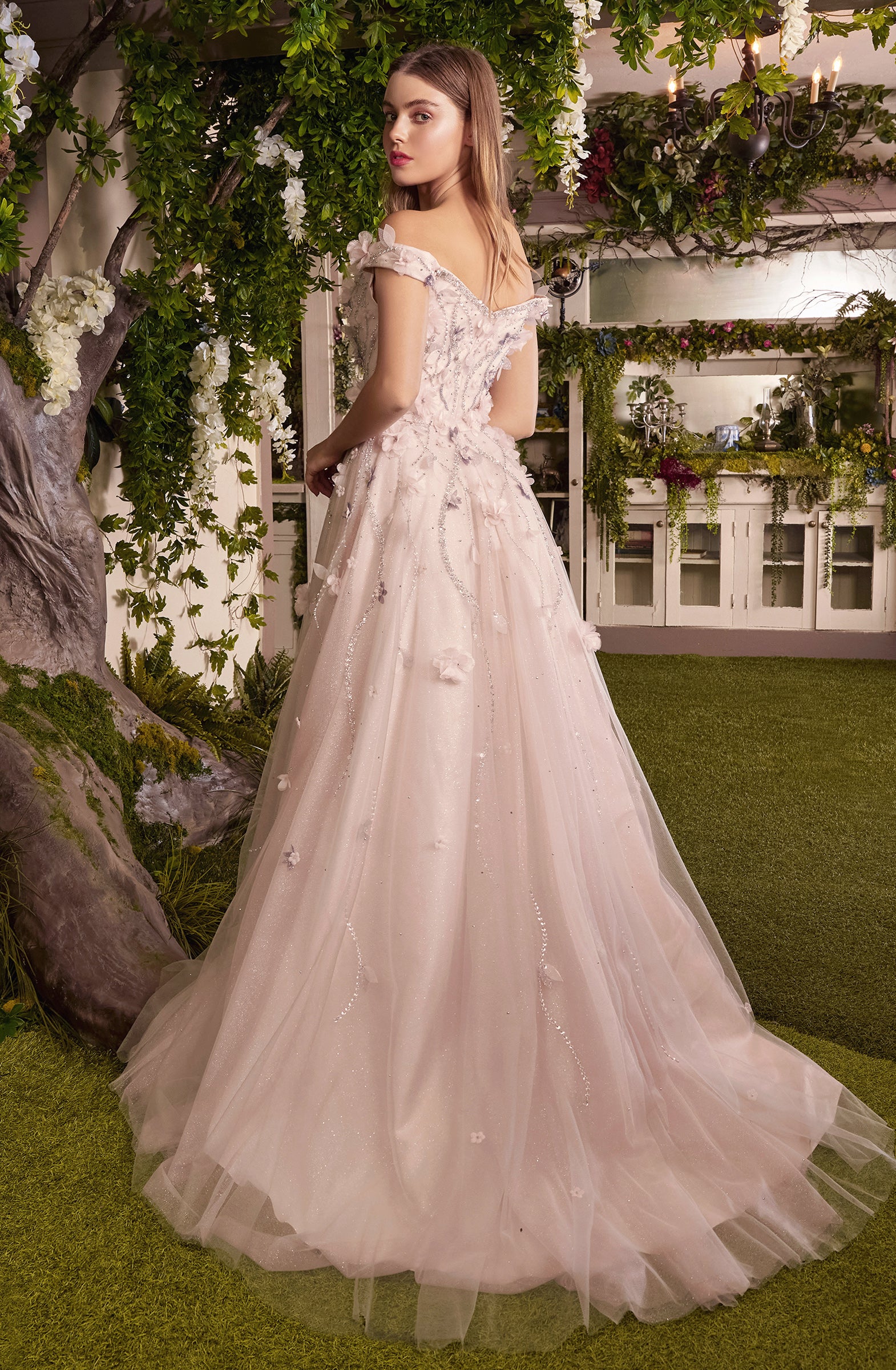 A-Line Plunging V-Neck Off-The-Shoulder Blossom Applique Gown #A1041