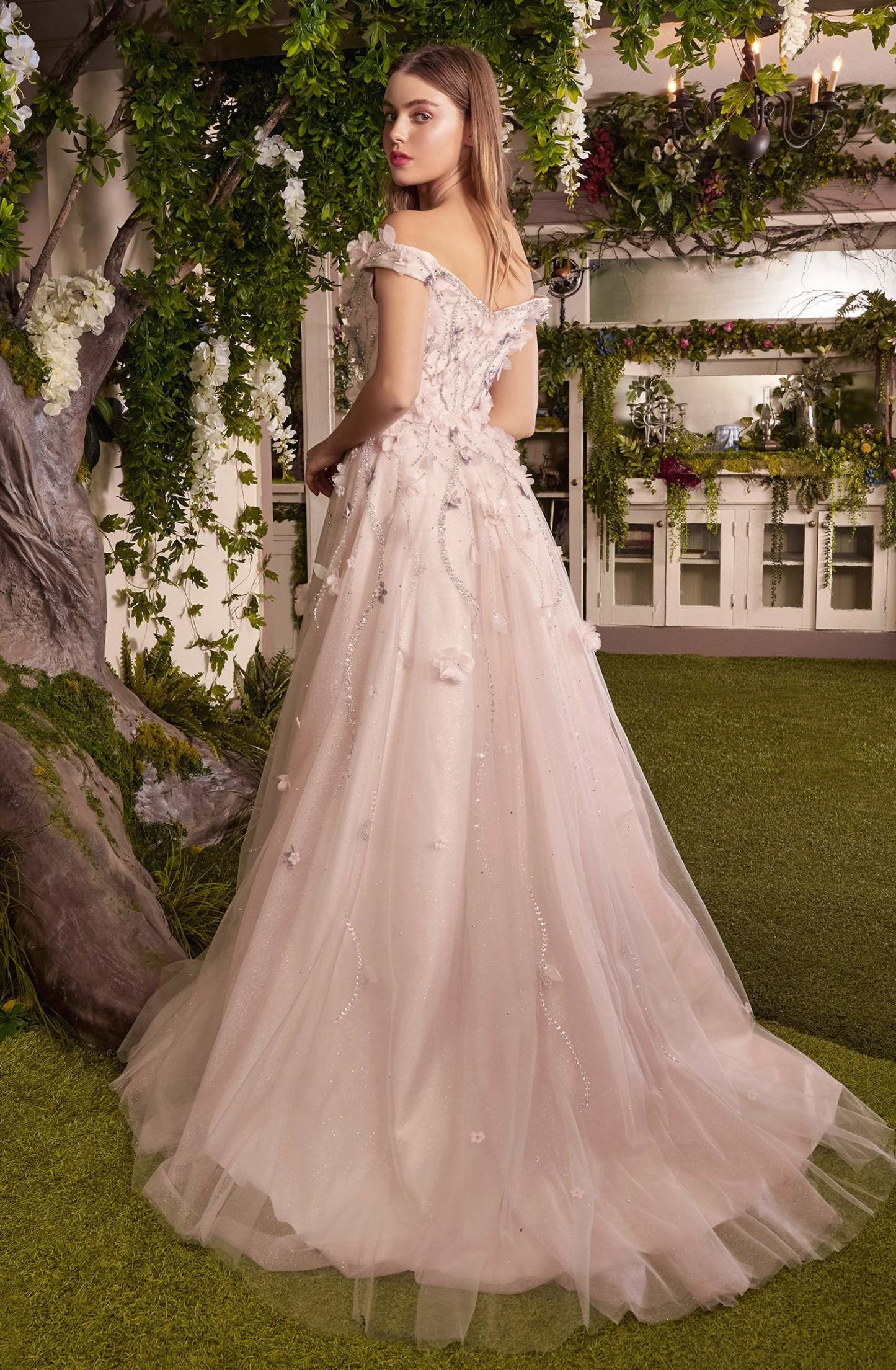 A-Line Plunging V-Neck Off-The-Shoulder Blossom Applique Gown #A1041