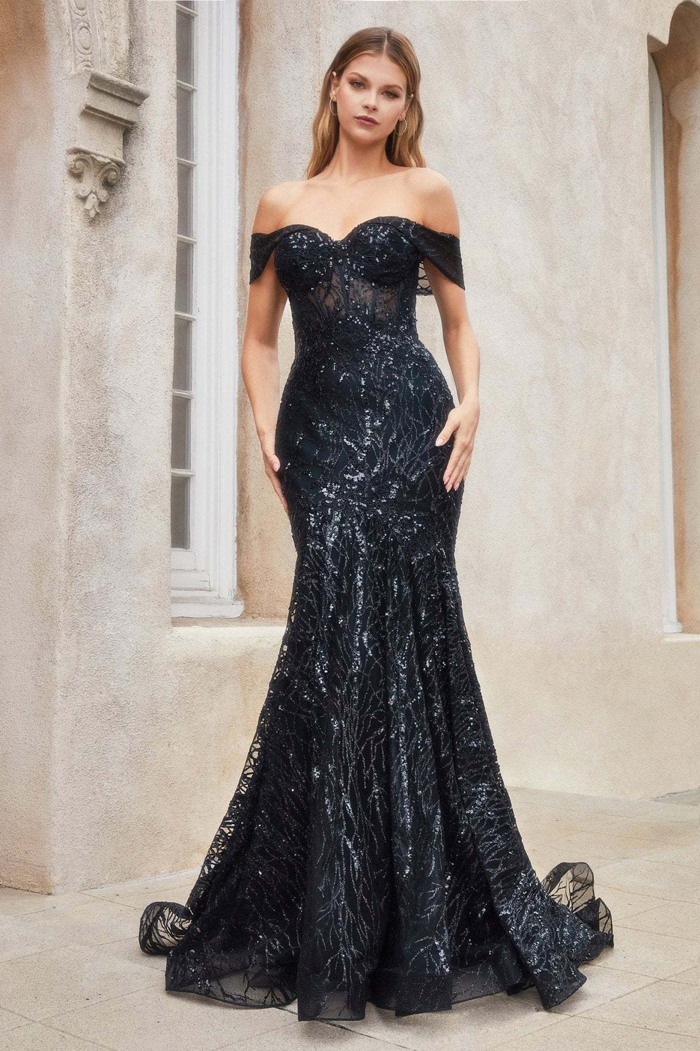 Fitted Mermaid Off The Shoulder Horsehair Trimmed Sequin Lace Gown #A1107