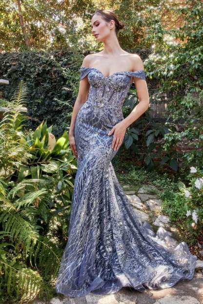 Fitted Mermaid Off The Shoulder Horsehair Trimmed Sequin Lace Gown #A1107
