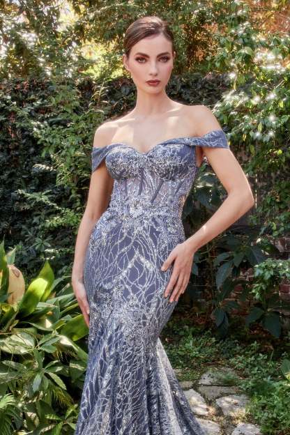 Fitted Mermaid Off The Shoulder Horsehair Trimmed Sequin Lace Gown #A1107