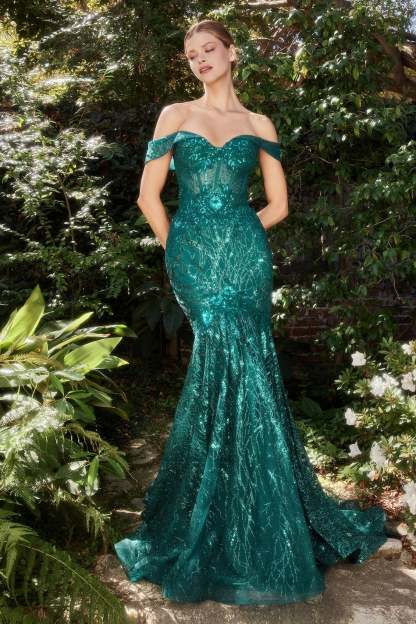 Fitted Mermaid Off The Shoulder Horsehair Trimmed Sequin Lace Gown #A1107