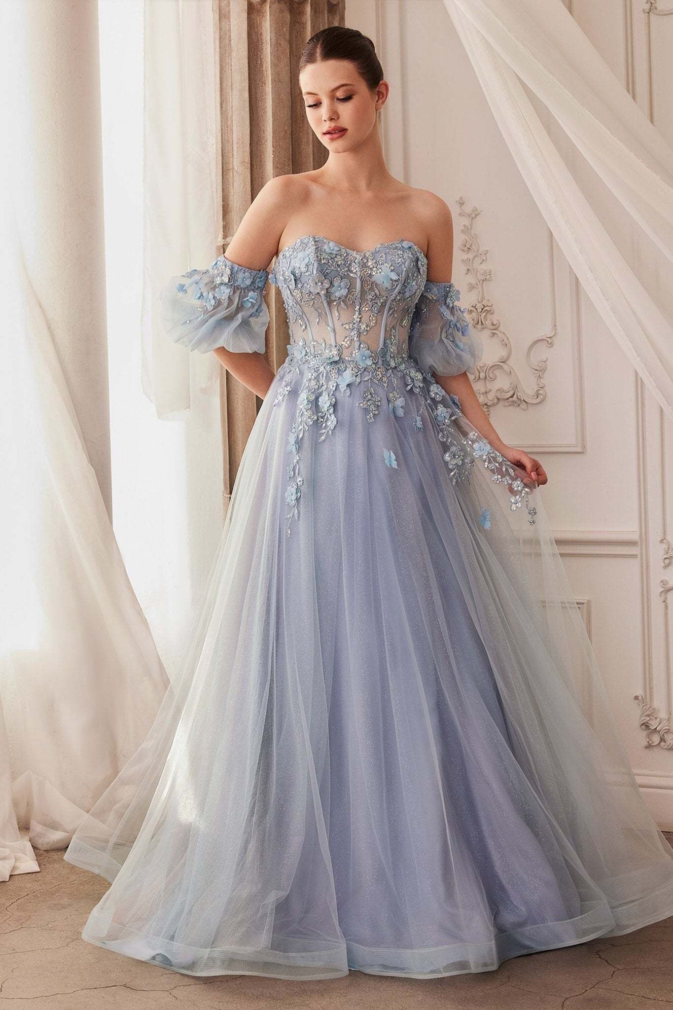Exquisite Strapless Floral Lace Appliques Ball Gown With Puff Sleeves #A1108