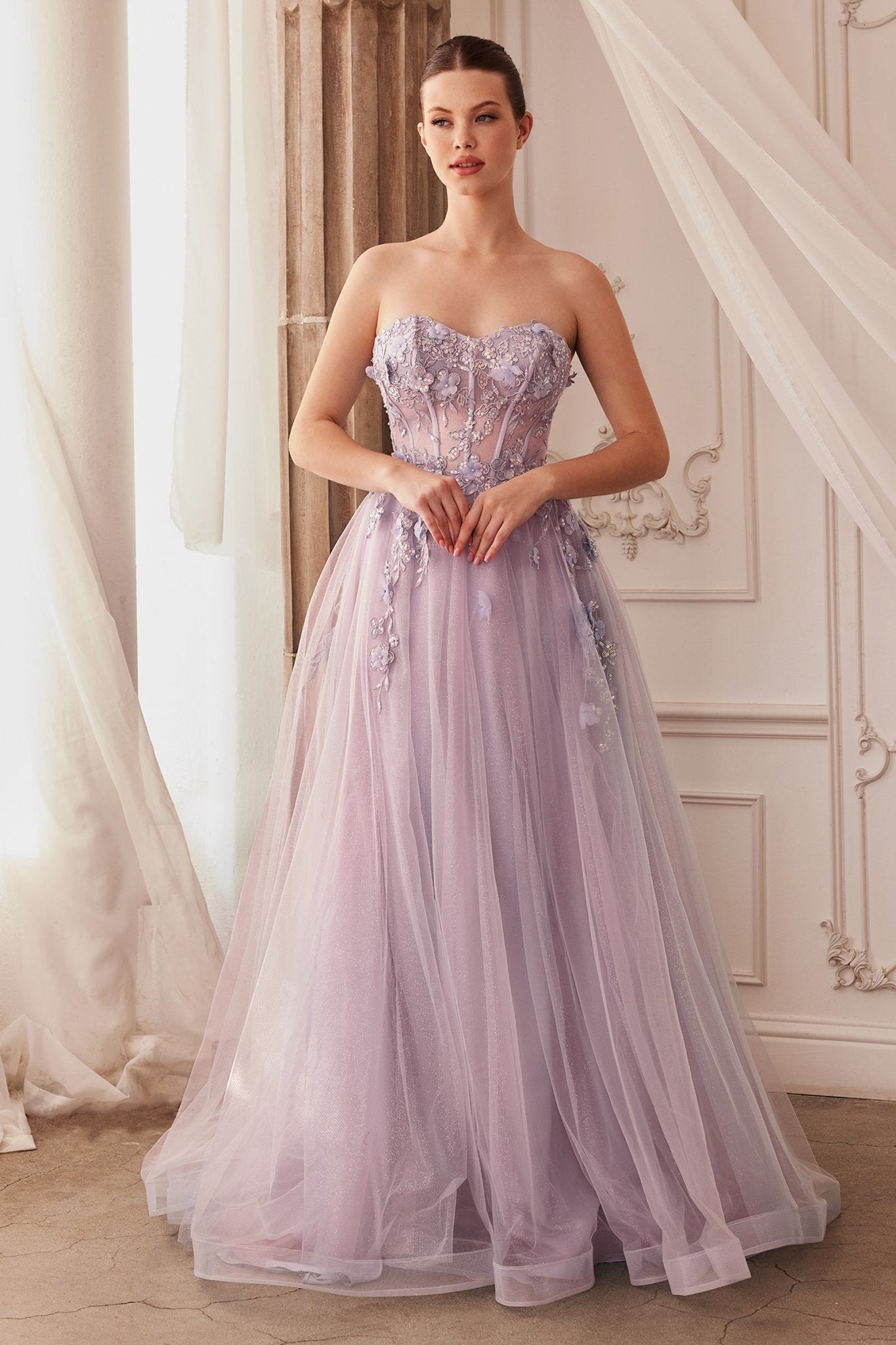 Exquisite Strapless Floral Lace Appliques Ball Gown With Puff Sleeves #A1108