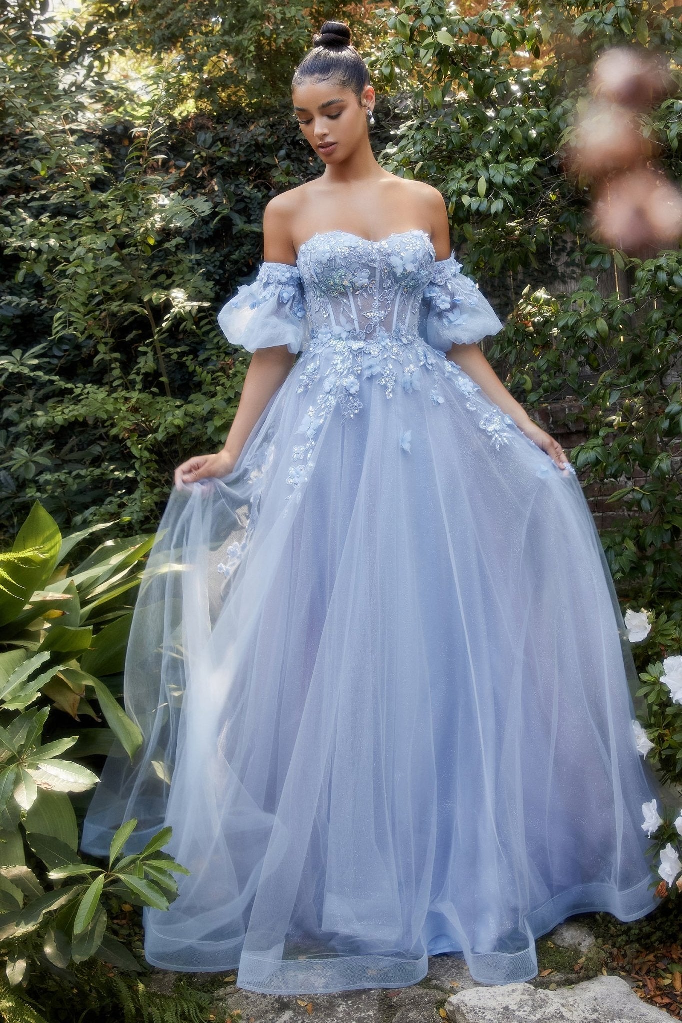 Exquisite Strapless Floral Lace Appliques Ball Gown With Puff Sleeves #A1108