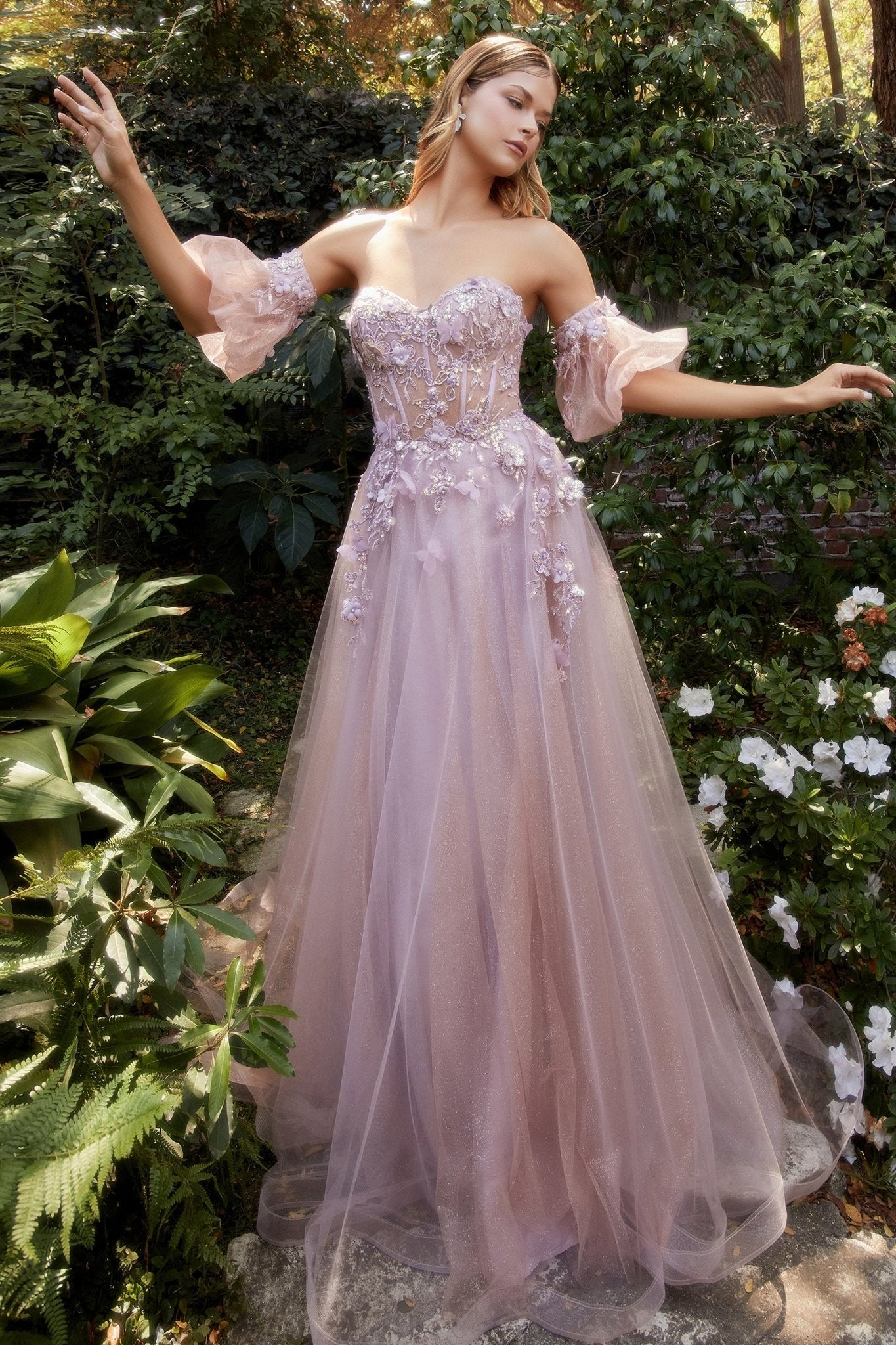 Exquisite Strapless Floral Lace Appliques Ball Gown With Puff Sleeves #A1108