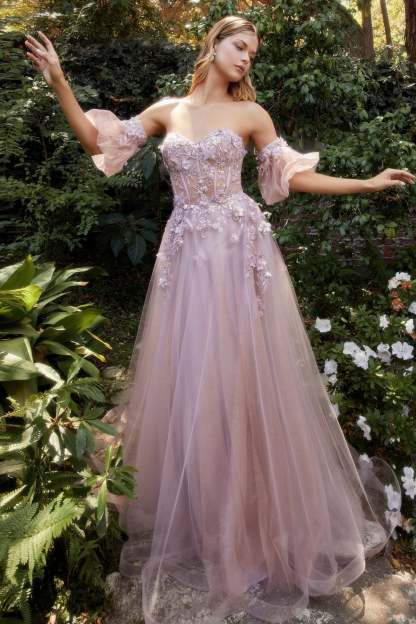Exquisite Strapless Floral Lace Appliques Ball Gown With Puff Sleeves #A1108