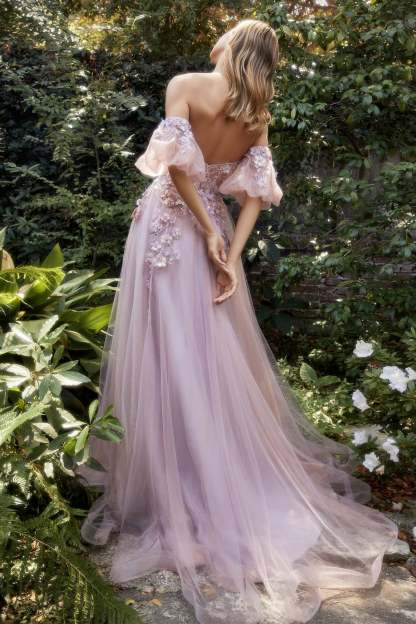 Exquisite Strapless Floral Lace Appliques Ball Gown With Puff Sleeves #A1108