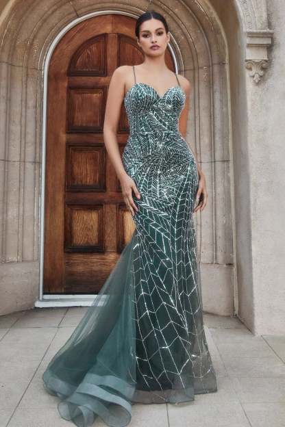 Classic Sweetheart Layer Tulle Forest Moss Beaded Mermaid Gown #A1109